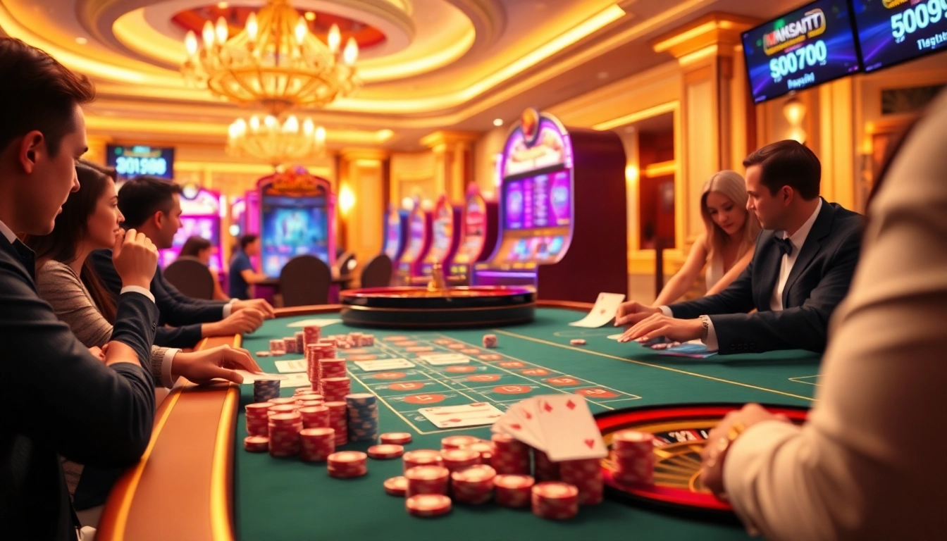 MM88 players engaged in an exciting game at a luxurious online casino table filled with chips and cards.