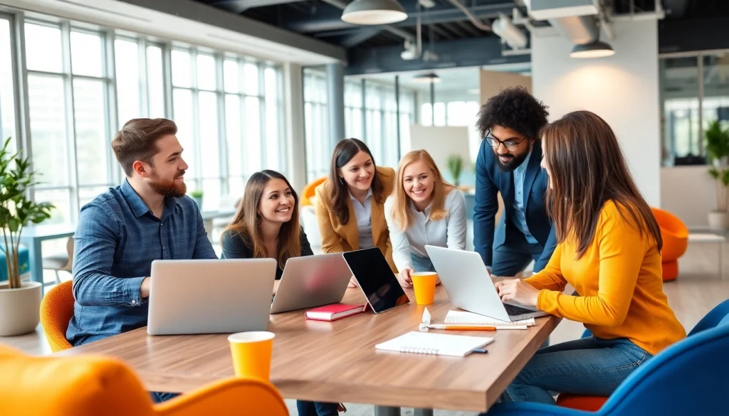 Collaborative team discussing the top websites to find salespeople in a modern office.