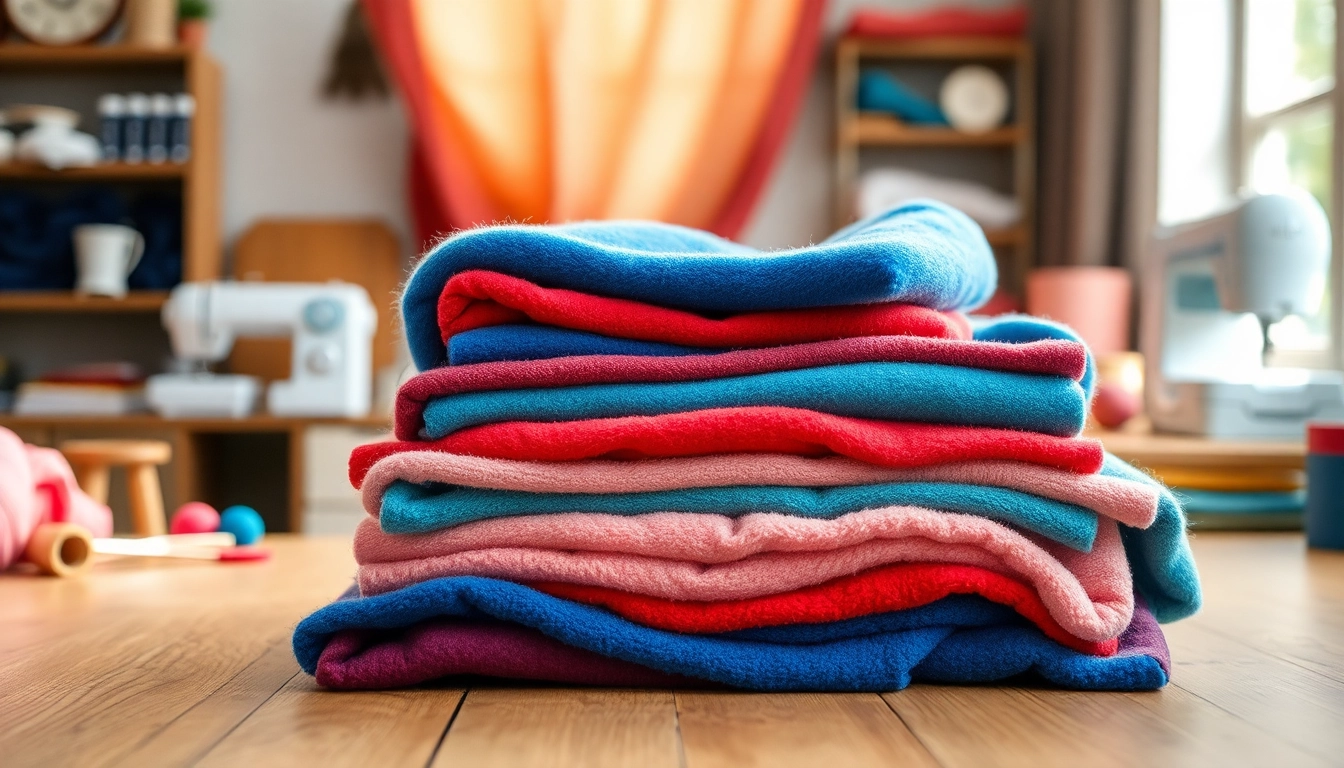 Fleece stof kopen in verschillende kleuren en texturen op een tafel vol creativiteit.