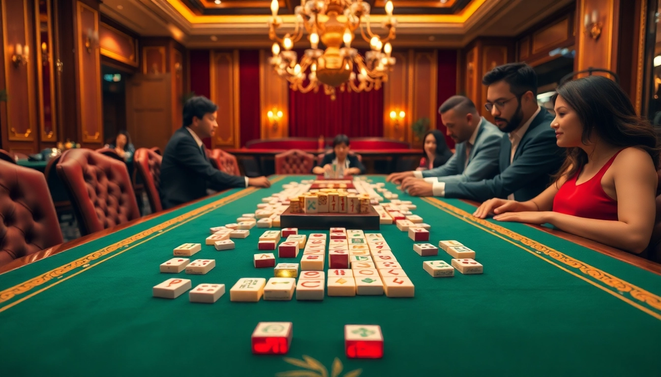 Players enjoying a competitive session of link mahjong at a luxurious casino table.