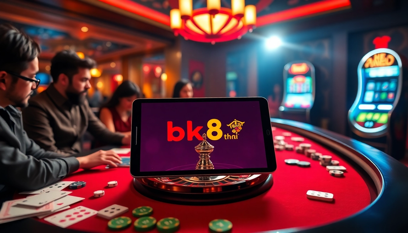 Engaging in online gambling through bk8thai ทางเข้า on a digital device at a lively casino atmosphere.