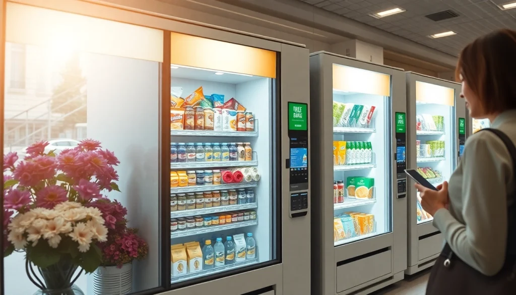 Innovative vending machine manufacturers showcasing modern products in a vibrant urban setting