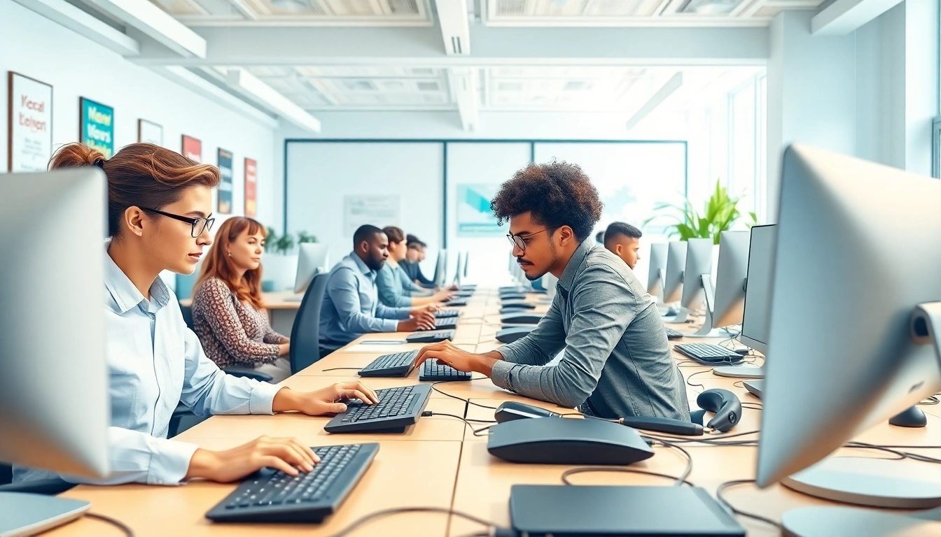 Explore a busy typing center with diverse professionals efficiently working together.