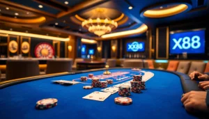 Engaging poker game scene featuring XX88 logo with colorful chips and cards.