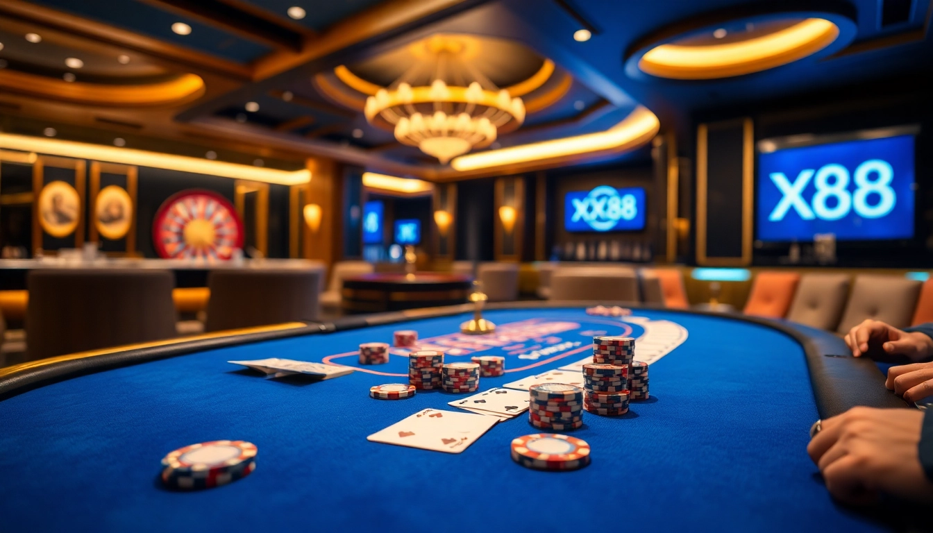 Engaging poker game scene featuring XX88 logo with colorful chips and cards.