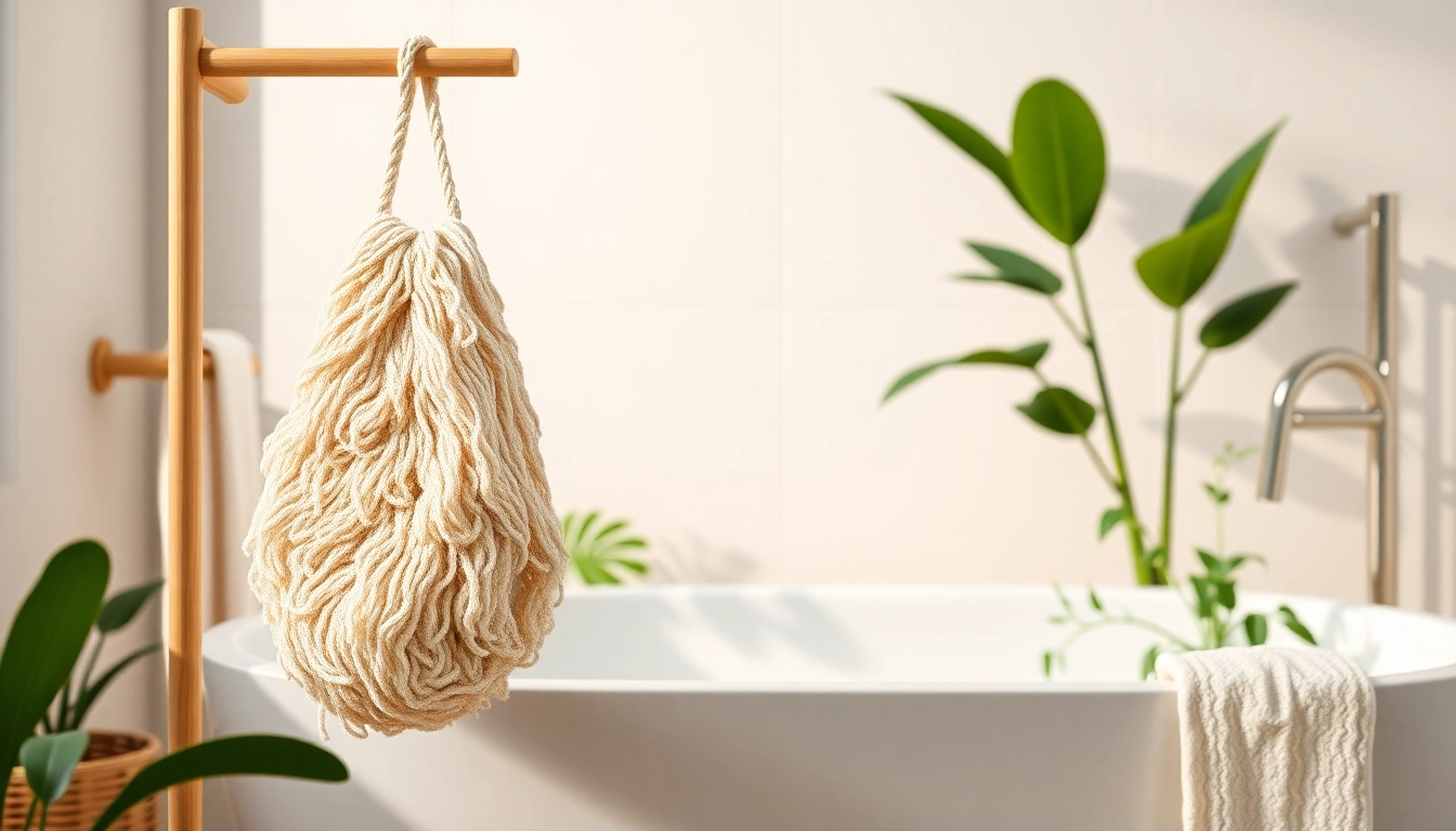 Clean and elegant view of the best back loofah for dry skin hanging in a bath setting.