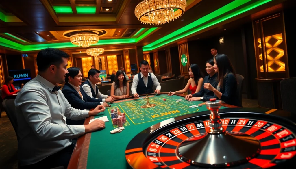 Players enjoying a thrilling game at a KUWIN casino table, surrounded by luxury.