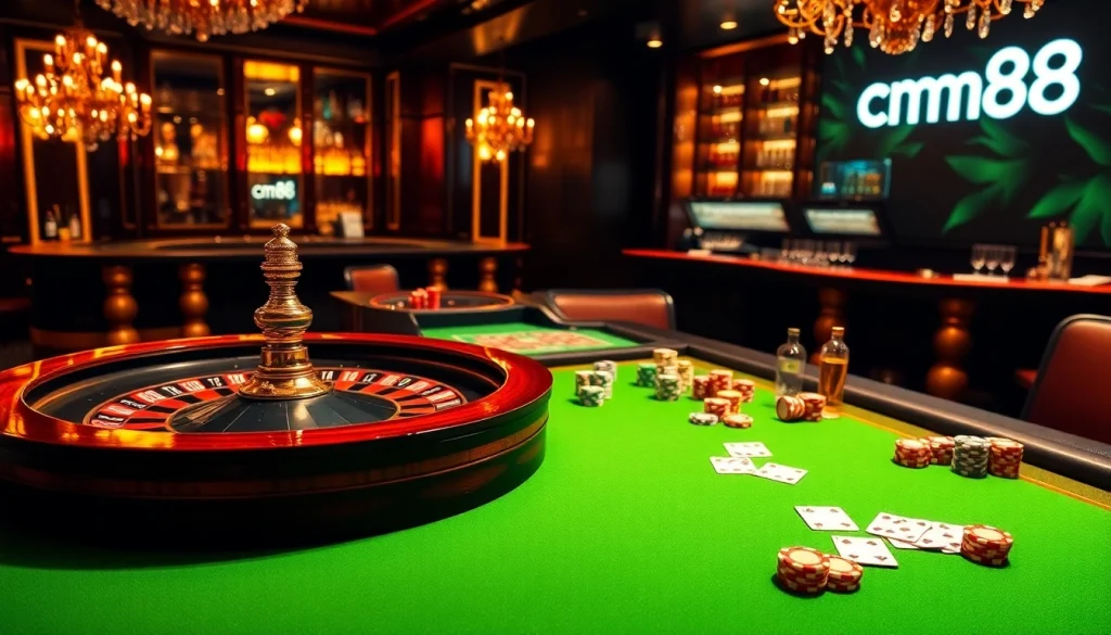 Engage with cm88's vibrant casino scene featuring roulette, cards, and neon gambling lights.