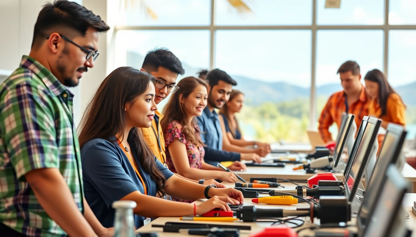 Engaged learners at hawaii trade schools in a modern classroom environment focused on practical education.