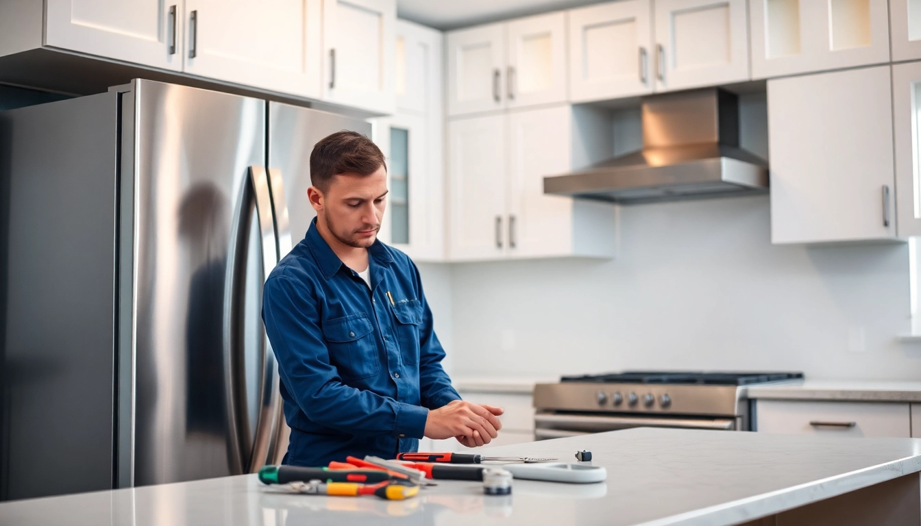 Expert technician performing refrigerator repair ottawa service in a bright kitchen.