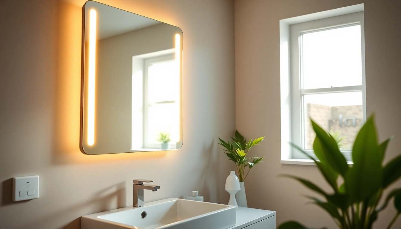 Admire a beautifully designed mirror with lights enhancing a modern bathroom ambiance.