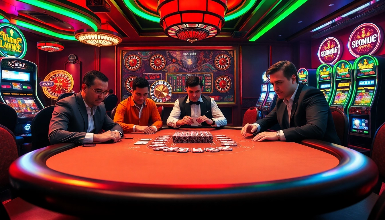 Players at a poker table experiencing NOHU90 thrills in a luxurious casino setting.