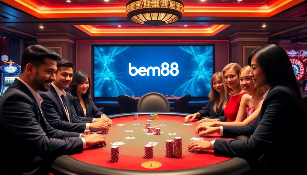 Players engaging in a vibrant poker game at bem88 online casino, showcasing luxury and excitement.