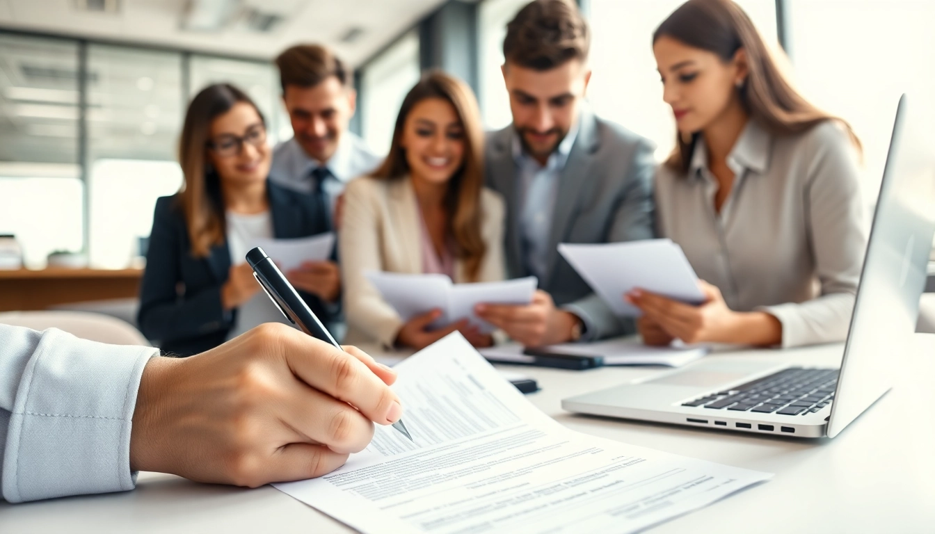 Complete eta application uk form surrounded by professional colleagues in a modern office.