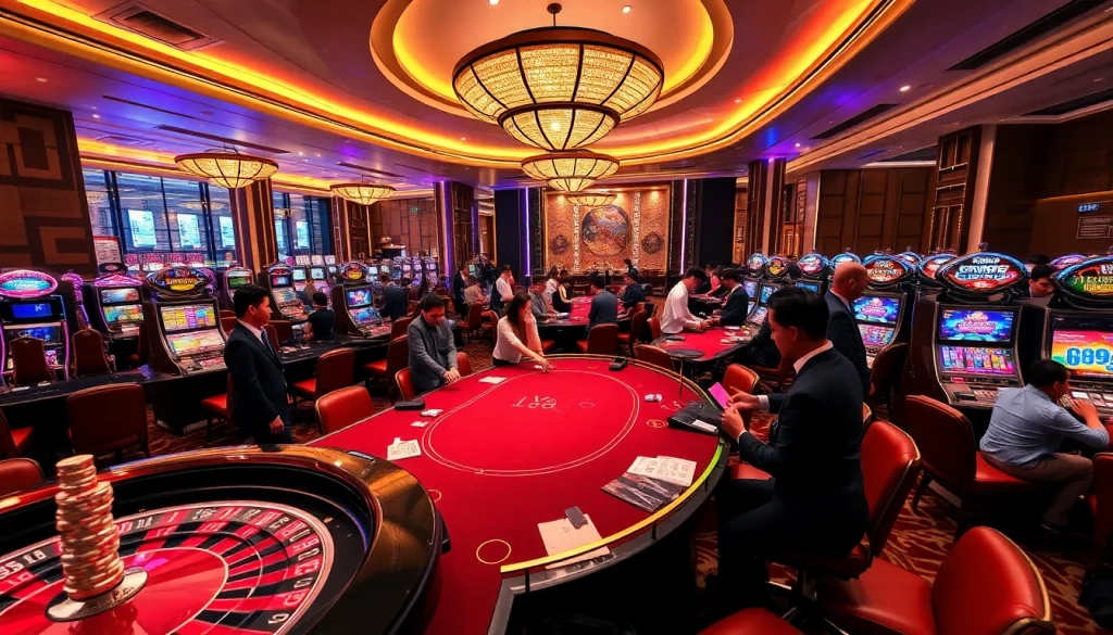 The vibrant scene of casino players engaging with vt88 gaming tables and slot machines.