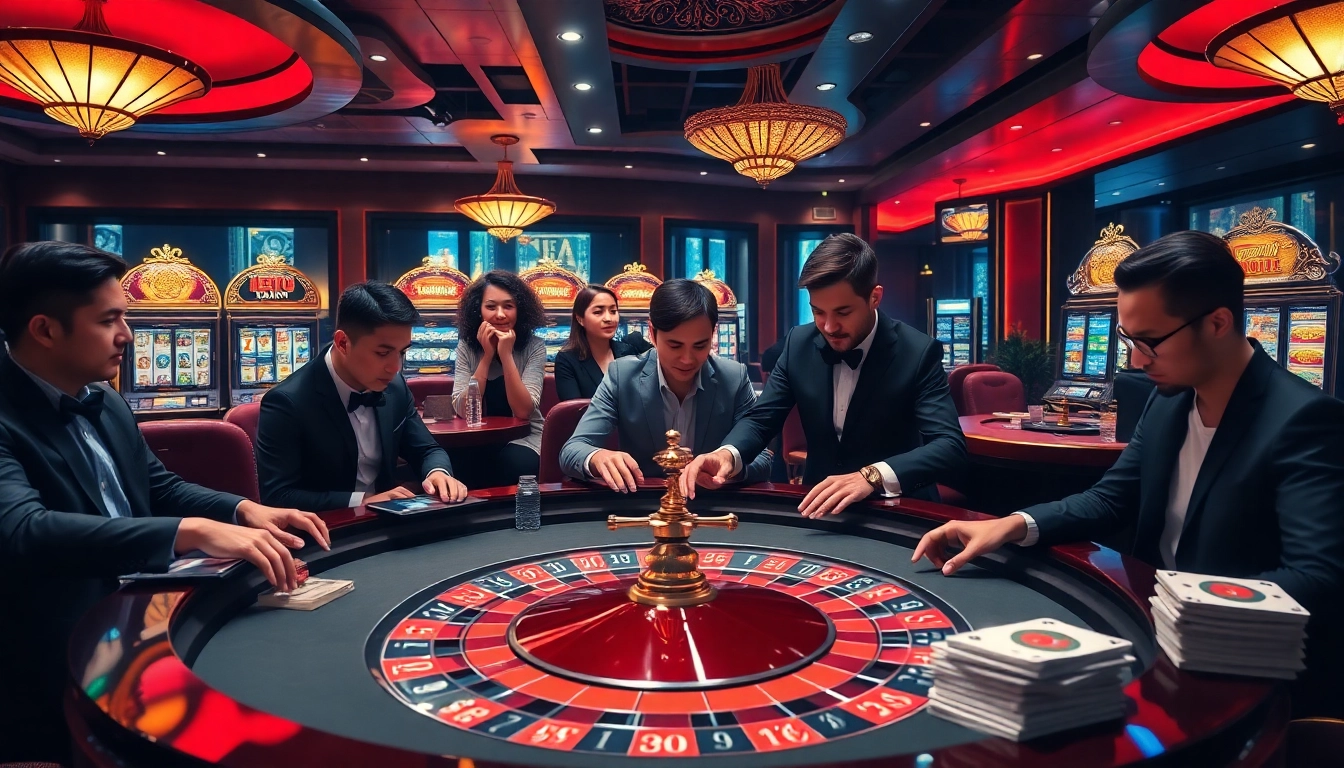 Adegan permainan situs deposit 5k dengan pemain bersemangat di meja kasino elegan, menonjolkan kemewahan dan strategi.