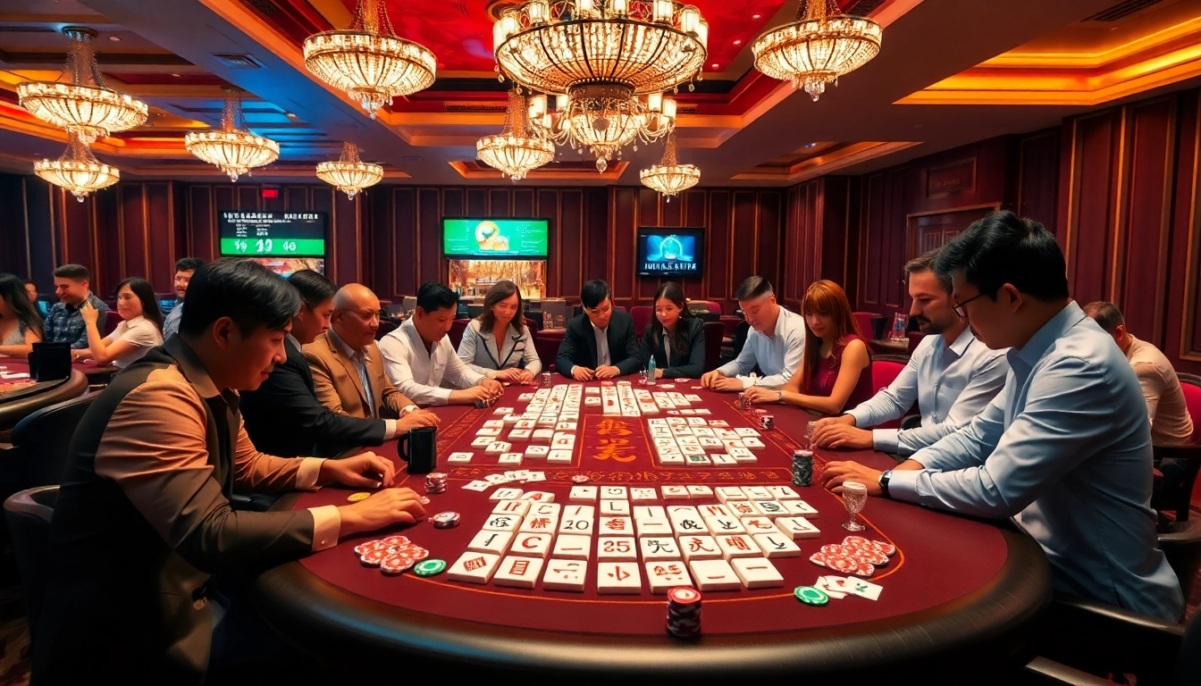 Adegan seru para pemain yang terlibat dalam Link Mahjong di meja kasino mewah.