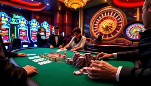 Experience the thrill of gambling with a luxurious scene at https://xx88.today/ featuring an elegant poker table and vibrant slot machines.