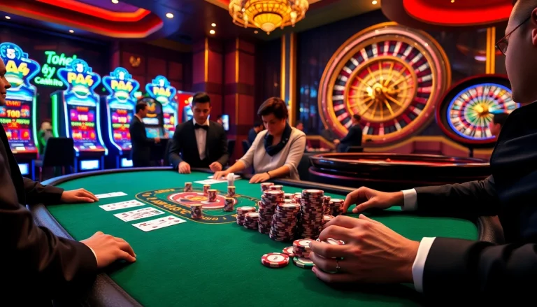 Experience the thrill of gambling with a luxurious scene at https://xx88.today/ featuring an elegant poker table and vibrant slot machines.