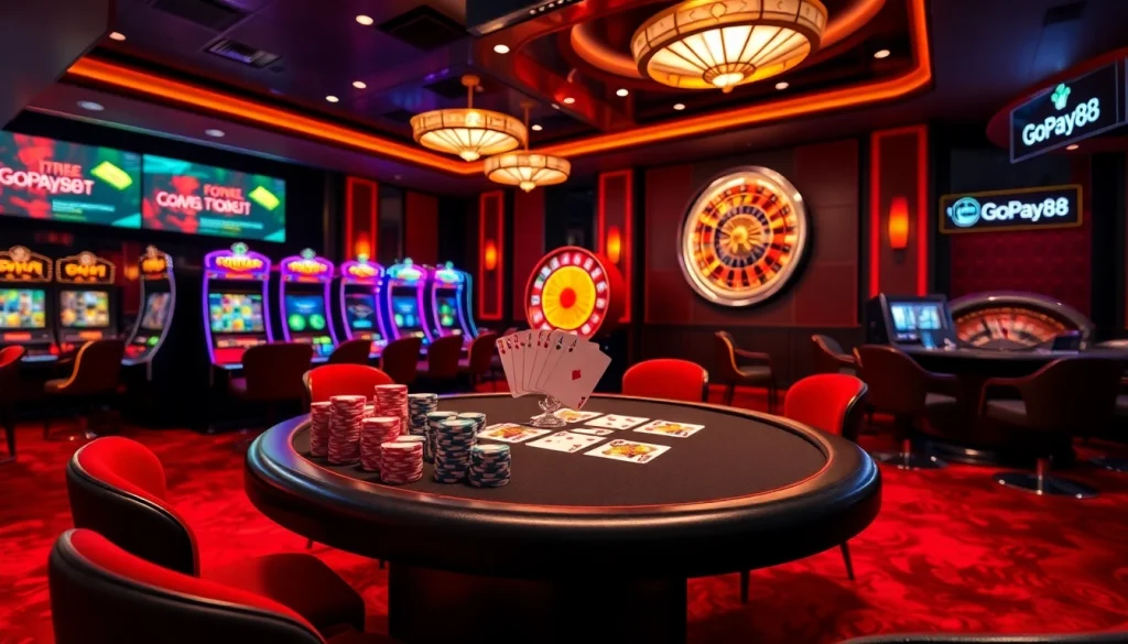 Experience an exhilarating poker game showcasing Gopay88 with colorful chips and elegant surroundings.