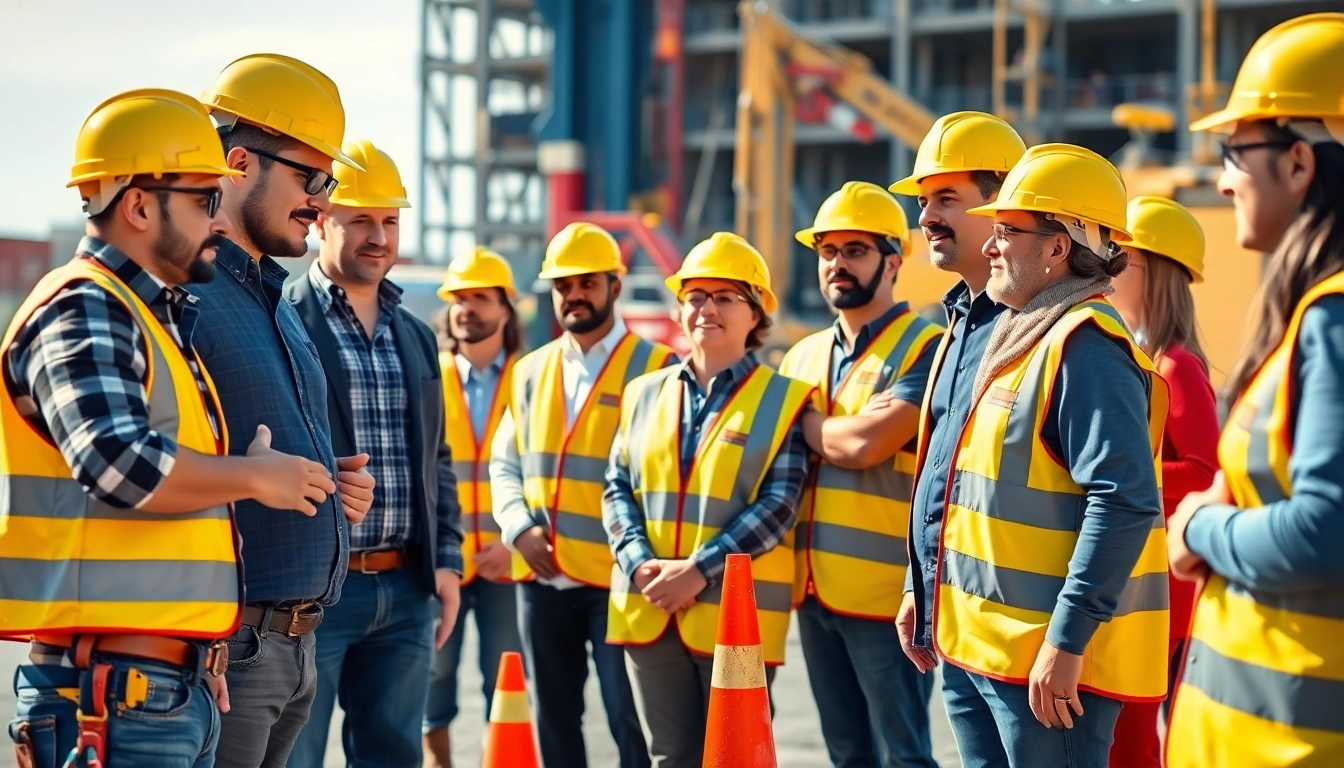 Workers actively participating in construction safety training, demonstrating techniques with safety gear.