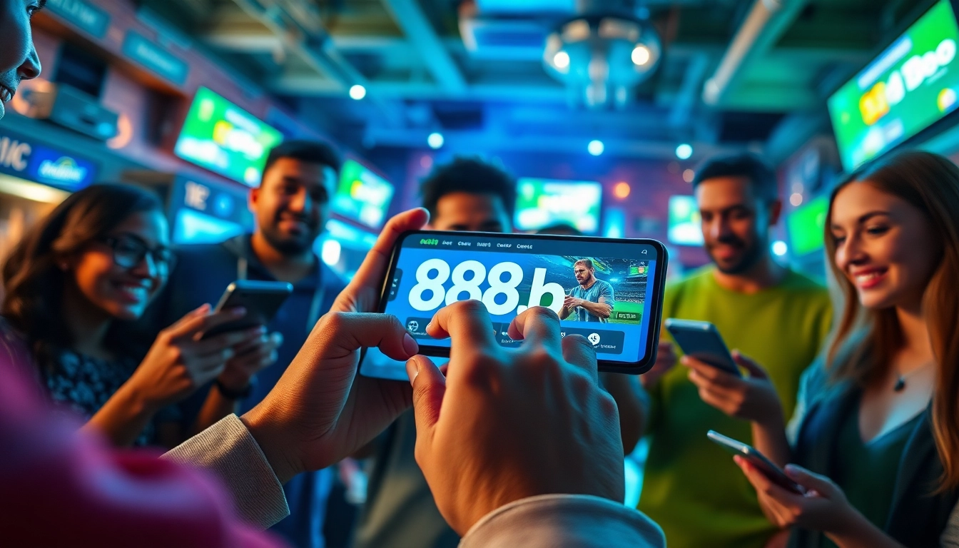 Engaging scene of bettors using 888b.bet platform in a lively sports environment