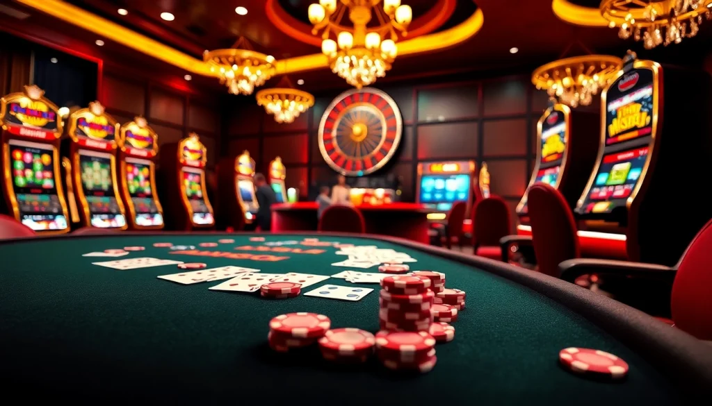 Engage in thrilling games at mm88 com with vibrant casino visuals featuring cards and roulette.
