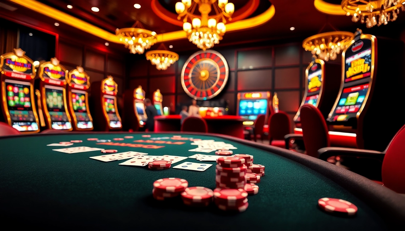Engage in thrilling games at mm88 com with vibrant casino visuals featuring cards and roulette.
