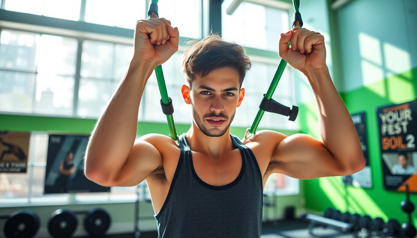 Individual performing pull-ups with assisted pull-up bands in a vibrant gym setting, showcasing fitness determination.