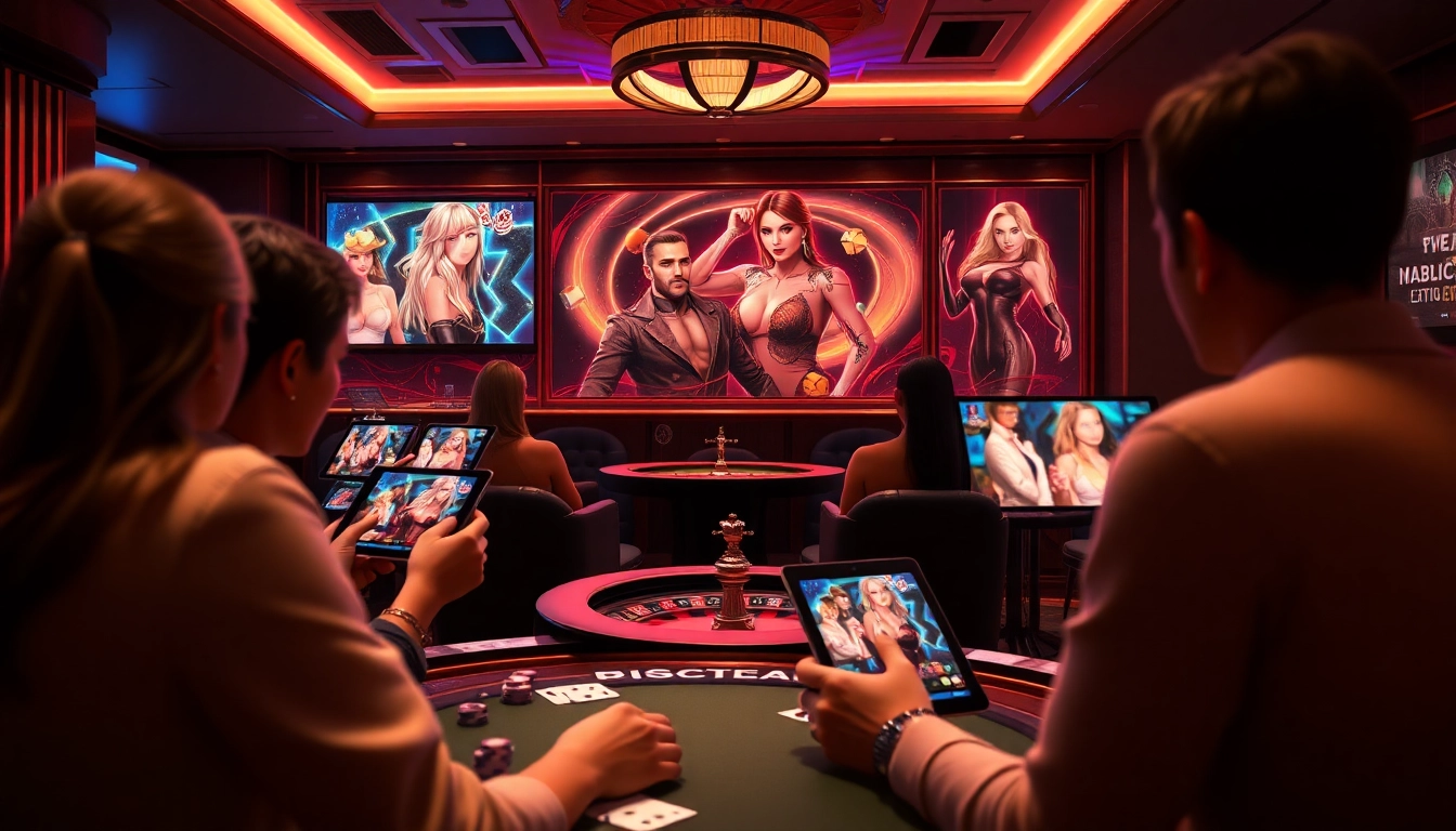Players enjoying a sex game on digital devices amidst a vibrant casino atmosphere, featuring poker chips and cards.