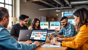 쇼핑몰 제작을 위한 협업 장면을 보여주는 다양한 기업가들.