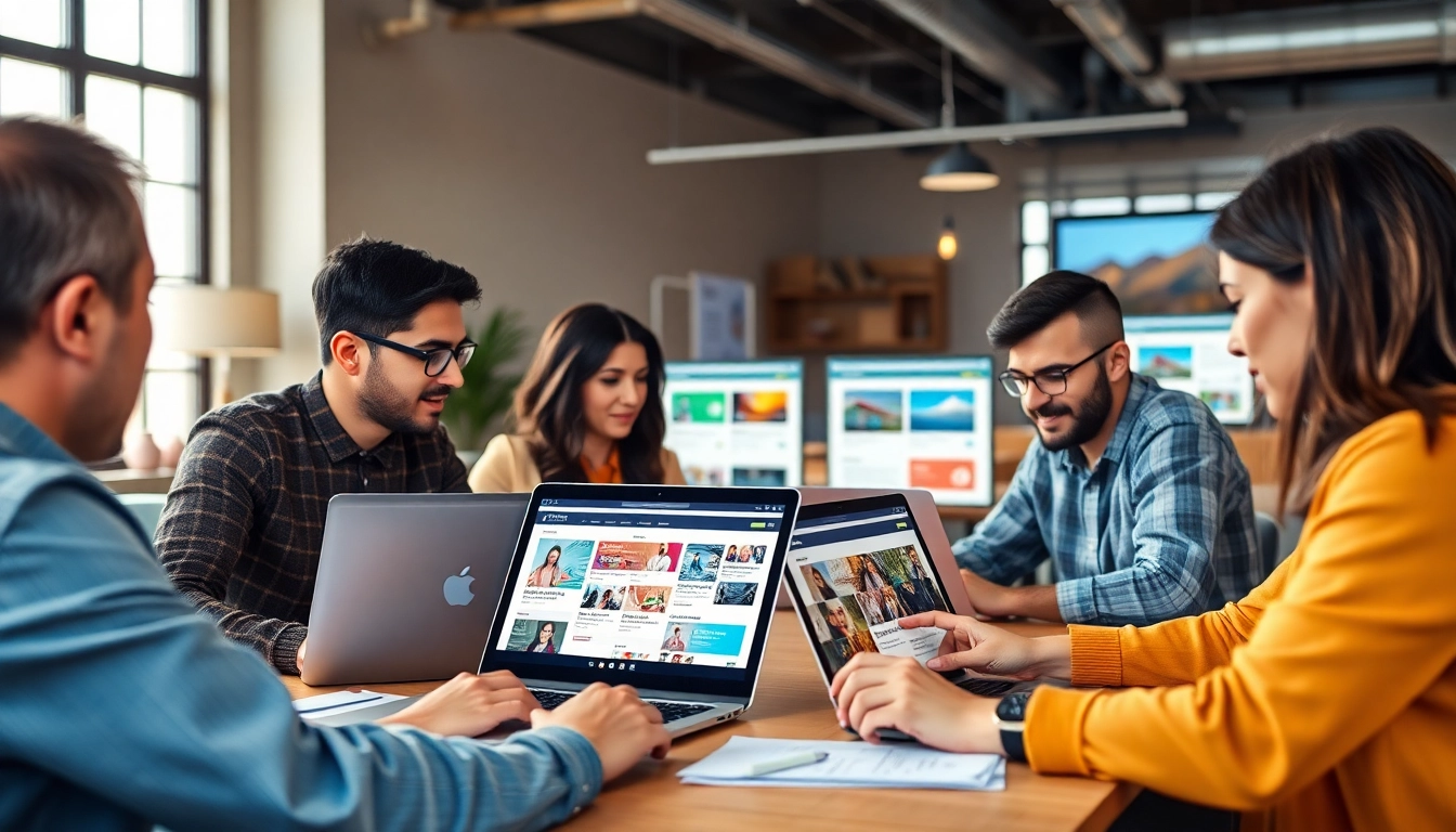 쇼핑몰 제작을 위한 협업 장면을 보여주는 다양한 기업가들.