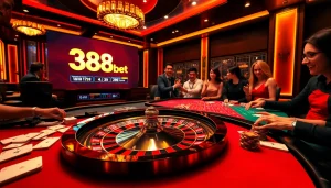 Players enjoying a thrilling game at a casino table featuring 388bet betting options.