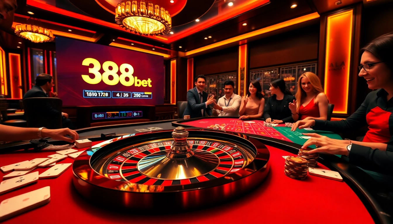 Players enjoying a thrilling game at a casino table featuring 388bet betting options.