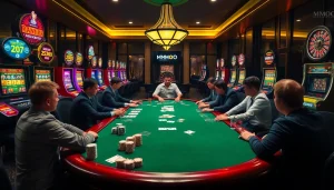 Players enjoying a high-stakes poker game at a luxurious casino table featuring MMOO elements.