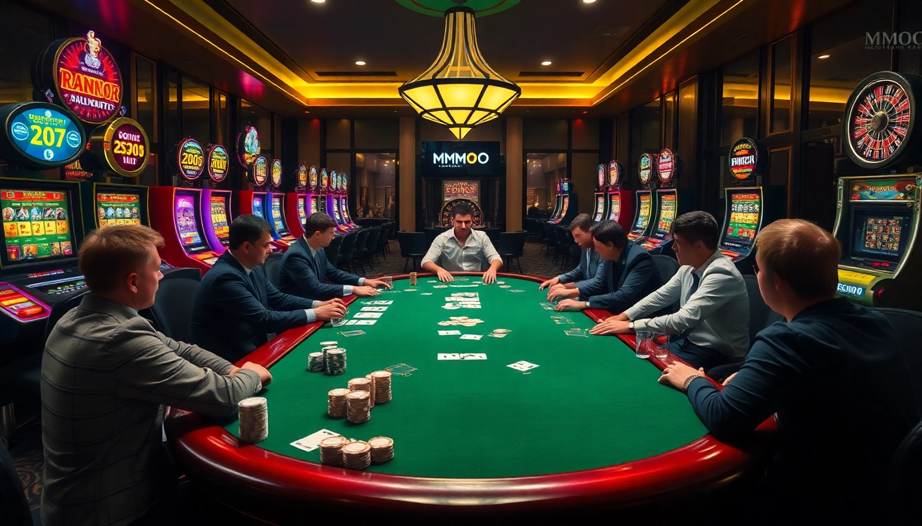 Players enjoying a high-stakes poker game at a luxurious casino table featuring MMOO elements.