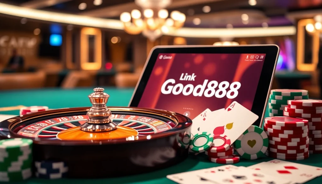 Exciting casino scene with roulette wheel and link good88 highlighted on a tablet.