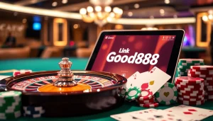 Exciting casino scene with roulette wheel and link good88 highlighted on a tablet.