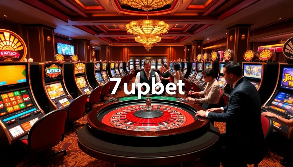 Action-packed casino scene showcasing 7upbet gaming, vibrant roulette table, and eager players.
