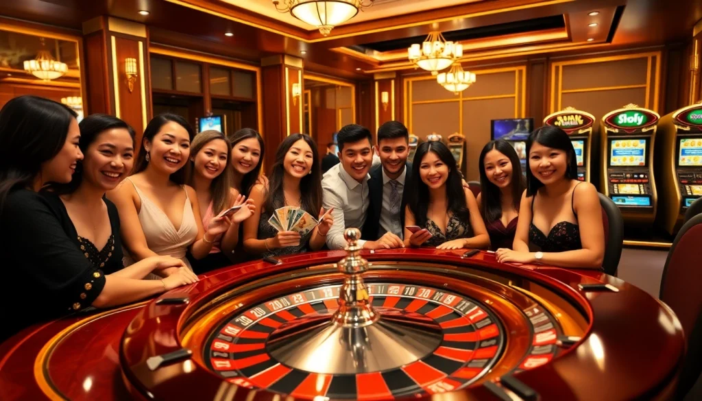 Vibrant scene of luxury gambling at trang chủ go8 casino with poker and roulette tables.