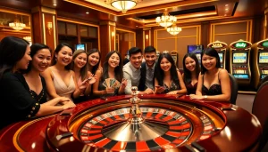 Vibrant scene of luxury gambling at trang chủ go8 casino with poker and roulette tables.