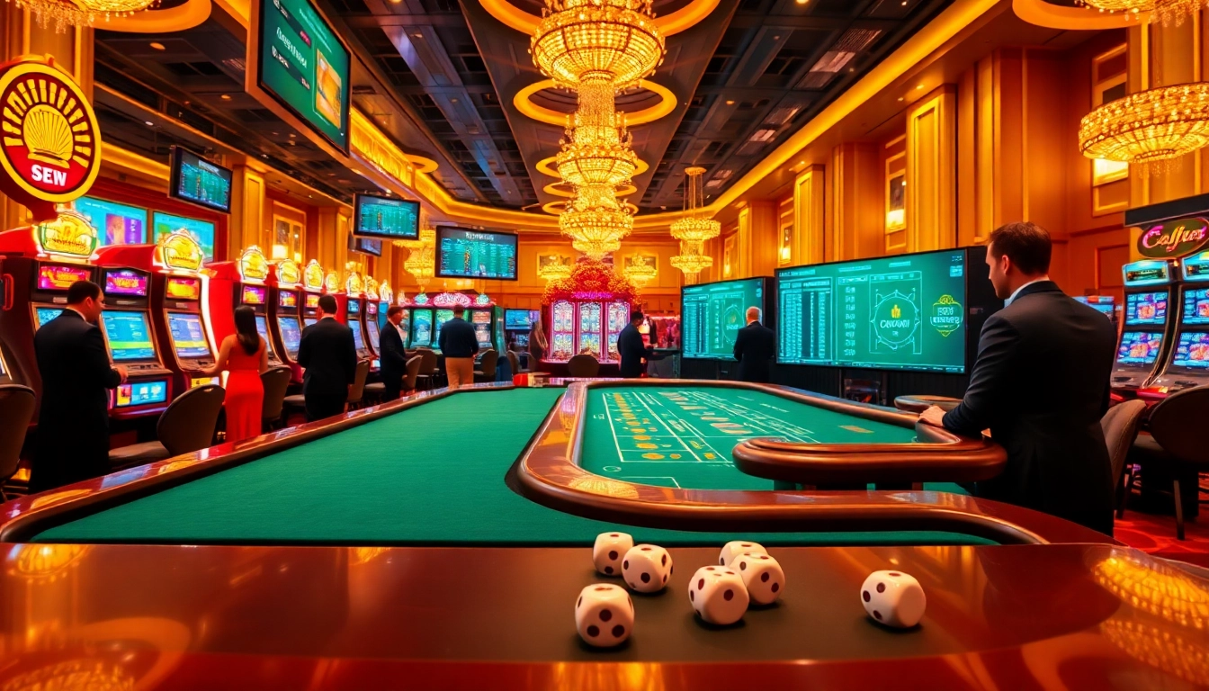 Exciting gaming scene featuring players at 69vn.gb.net engaging with casino tables and slot machines.