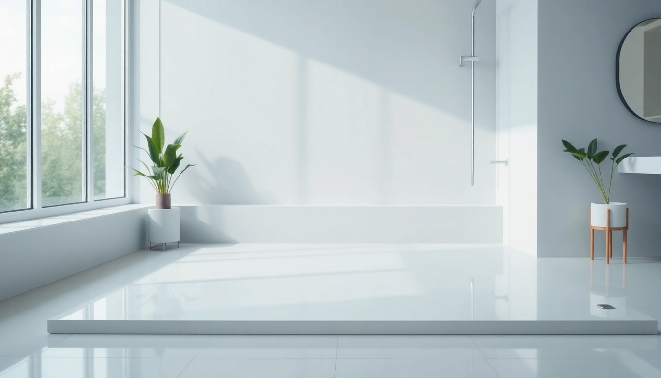 Showcase a sleek shower base in a bright, modern bathroom setting with elegant design features.