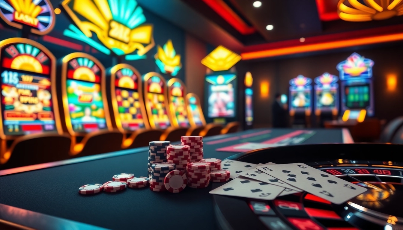 Exciting RR88 online casino scene featuring poker chips and roulette wheel in vibrant setting.