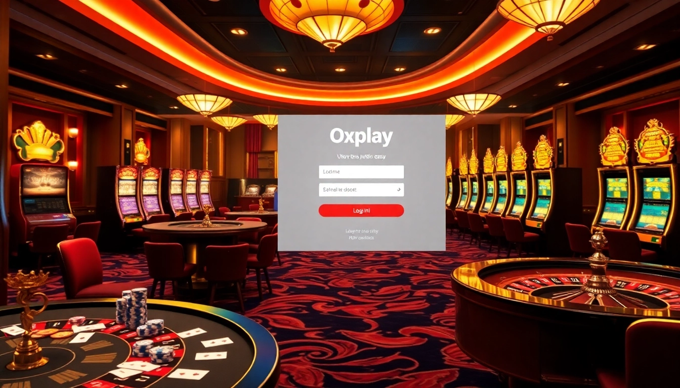 Exciting gambling scene depicting oxplay login with casino tables and slot machines.