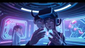 Engaging NSFW character interaction in a futuristic digital environment, showcasing advanced virtual reality technology.