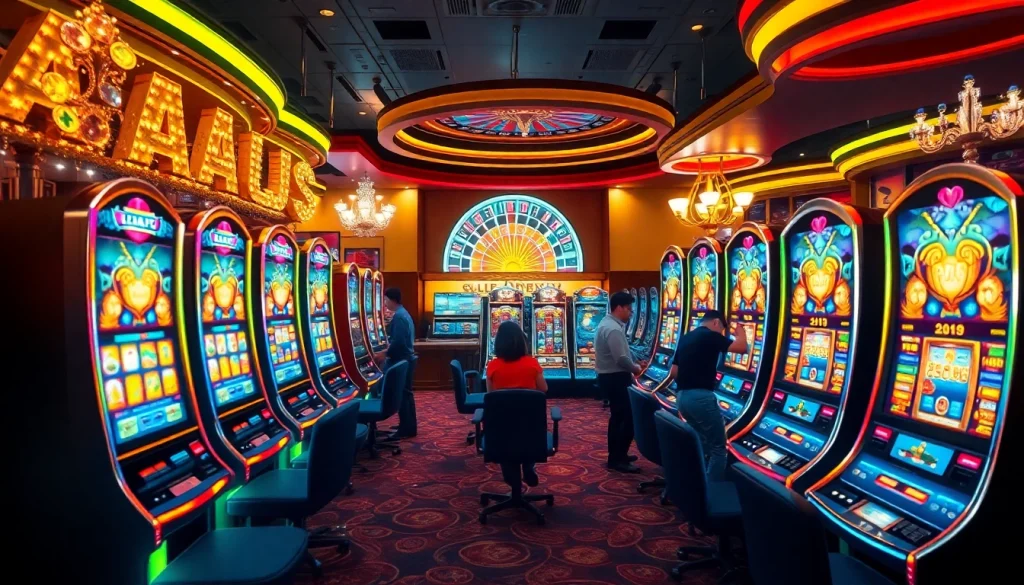 Rasakan sensasi slot depo pulsa dengan mesin yang berwarna-warni dan pemain yang dinamis sedang beraksi.