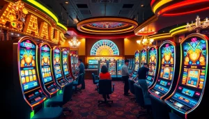 Rasakan sensasi slot depo pulsa dengan mesin yang berwarna-warni dan pemain yang dinamis sedang beraksi.