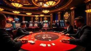 Players at a febet poker table enjoying a high-stakes game amid luxury casino ambiance.