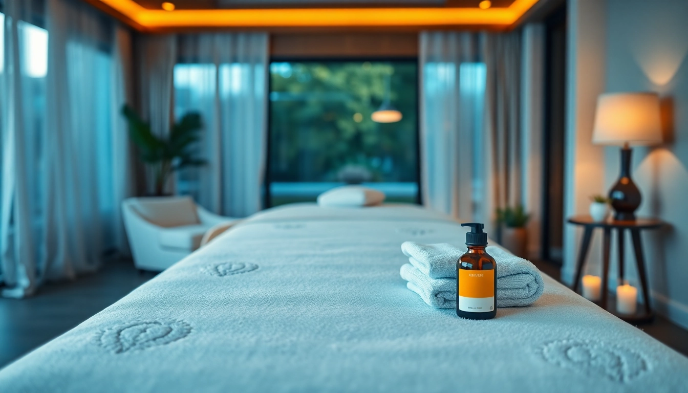 출장마사지 setup with a calming massage table and essential oils in a serene environment.